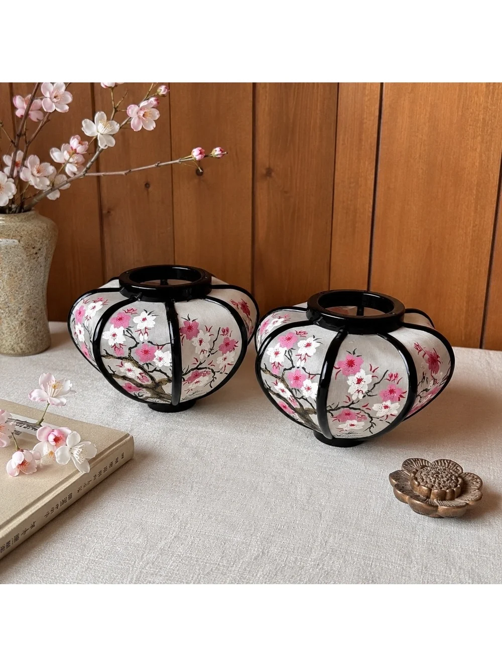 Vintage Japanese Hina Doll Bonbori Lantern Tops Pair Cherry Blossom Pink Black